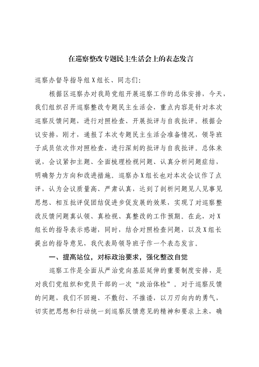在巡察整改专题民主生活会上的表态发言.docx,第1页预览