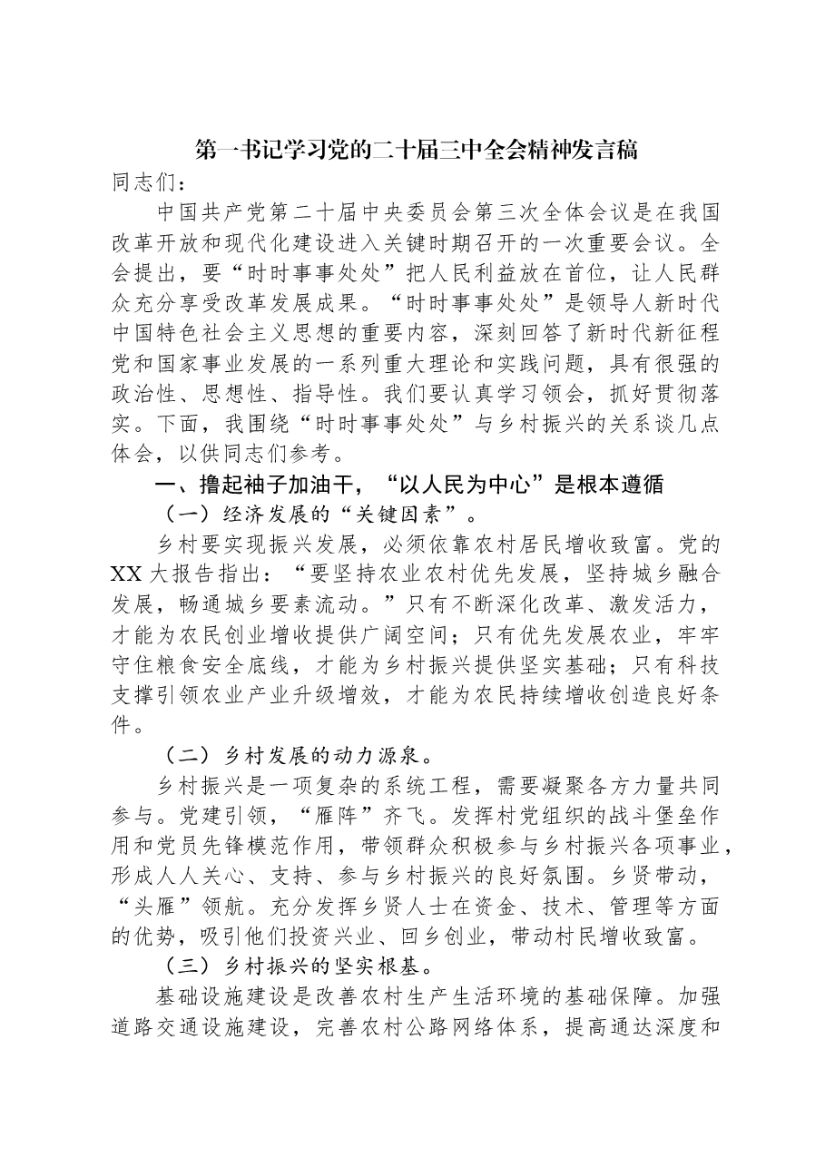 第一书记学习党的二十届三中全会精神发言稿.docx,第1页预览