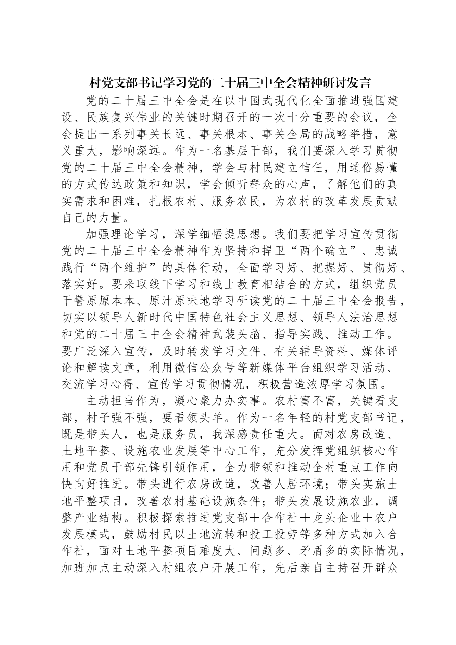 村党支部书记学习党的二十届三中全会精神研讨发言.docx,第1页预览
