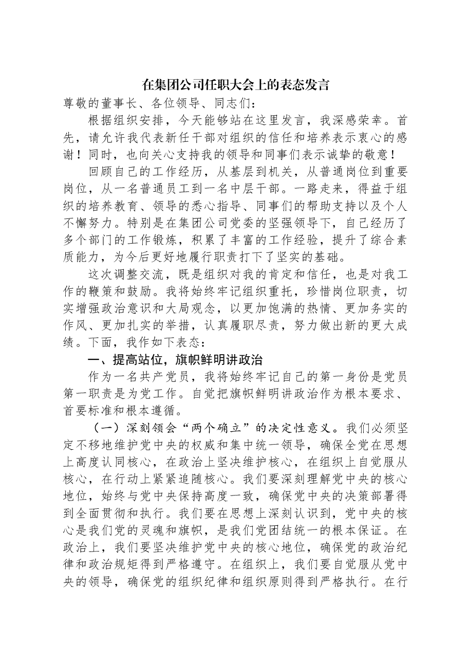 在集团公司任职大会上的表态发言.docx,第1页预览