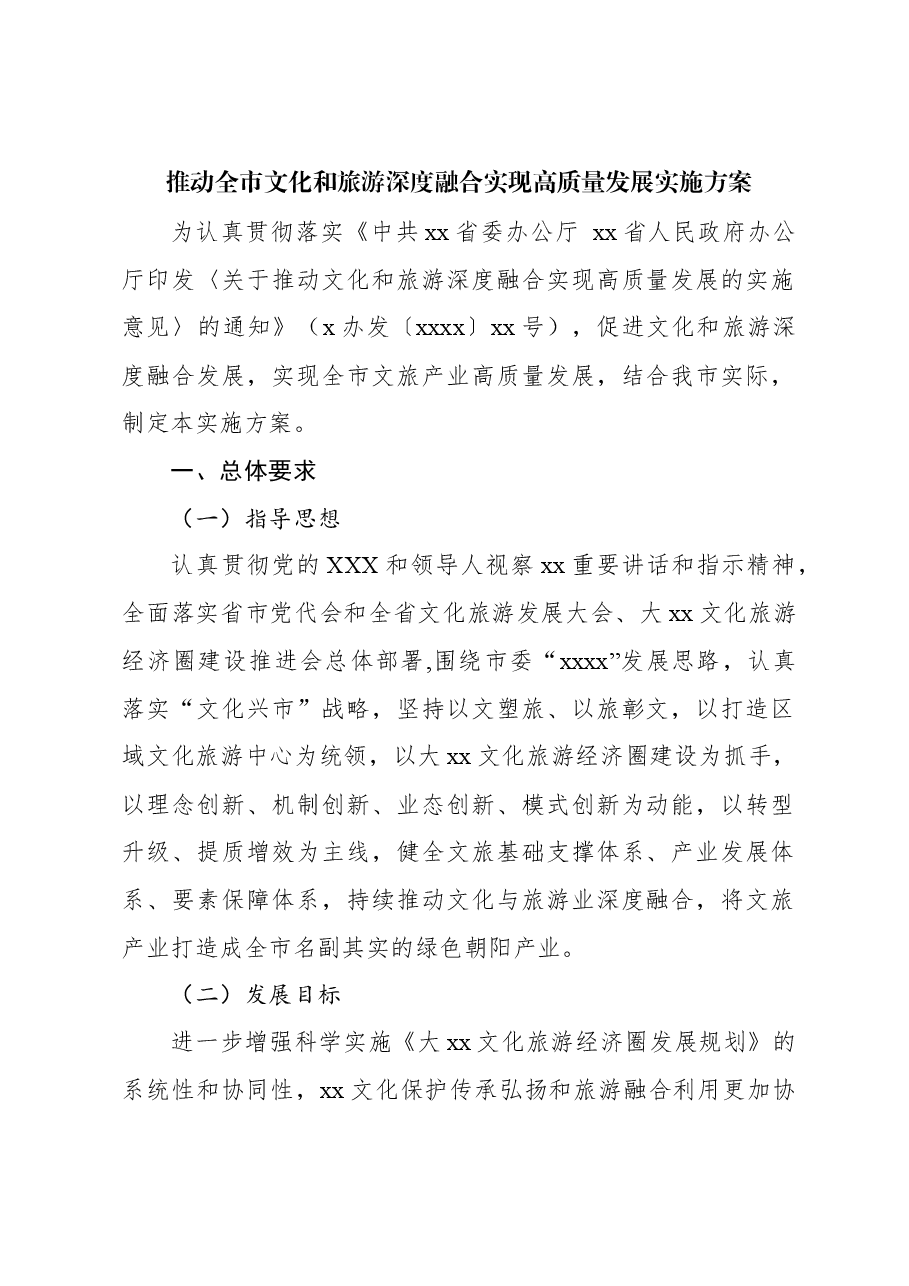 推动全市文化和旅游深度融合实现高质量发展实施方案.docx,第1页预览