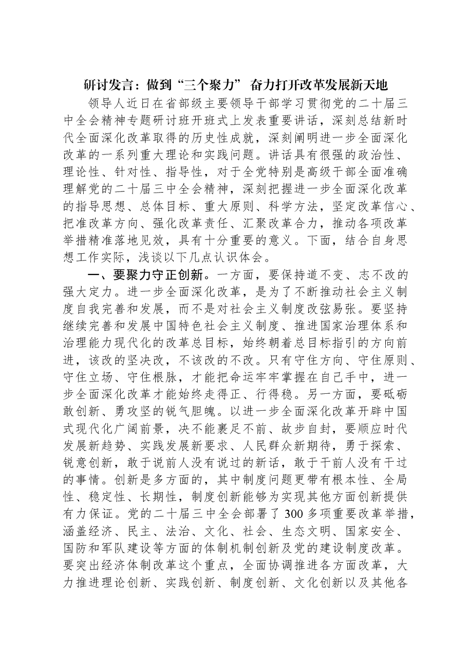 研讨发言:做到“三个聚力”+奋力打开改革发展新天地.docx,第1页预览