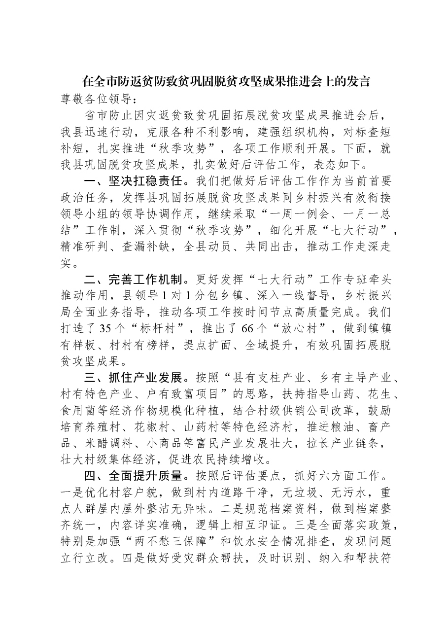 在全市防返贫防致贫巩固脱贫攻坚成果推进会上的发言.docx,第1页预览