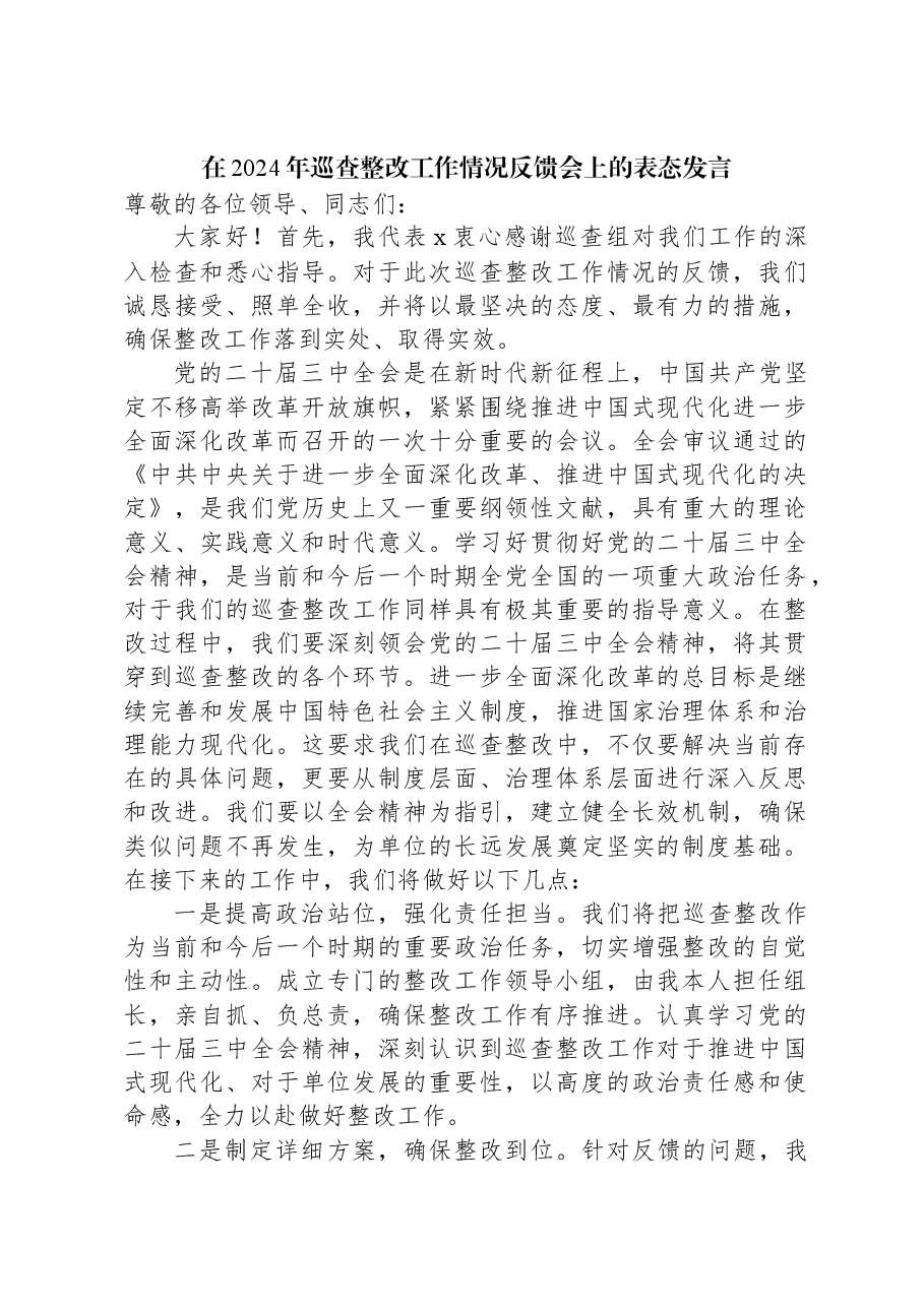 在2024年巡查整改工作情况反馈会上的表态发言.docx,第1页预览