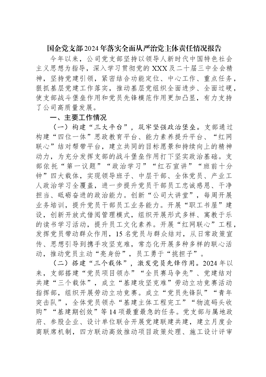 国企党支部2024年落实全面从严治党主体责任情况报告.docx,第1页预览