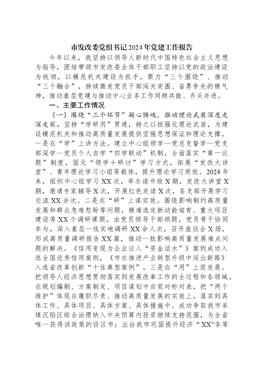 市发改委党组书记2024年党建工作报告.docx,第1页预览