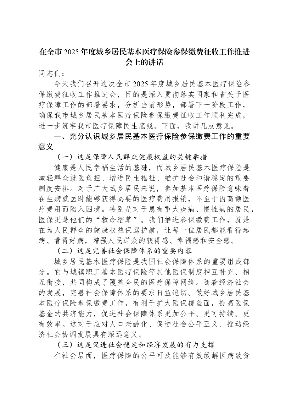 在全市2025年度城乡居民基本医疗保险参保缴费征收工作推进会上的讲话.docx,第1页预览