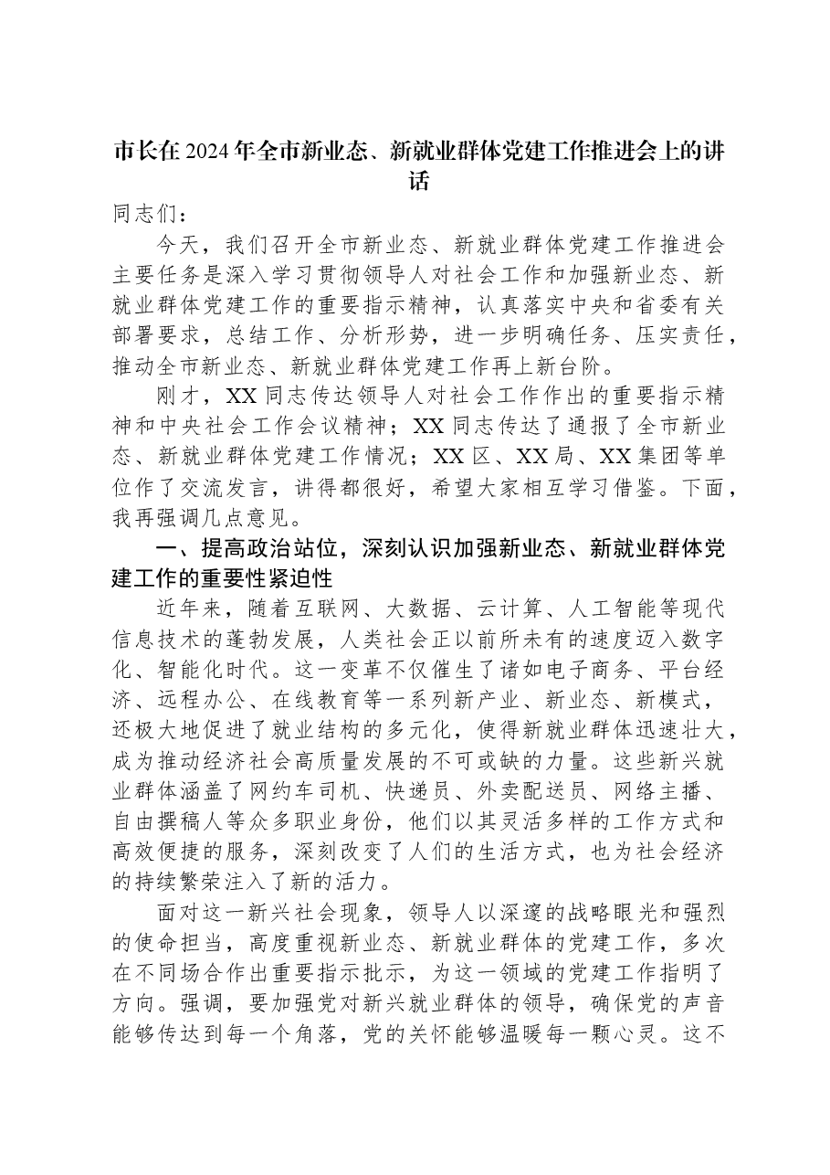市长在2024年全市新业态、新就业群体党建工作推进会上的讲话.docx，第1页预览