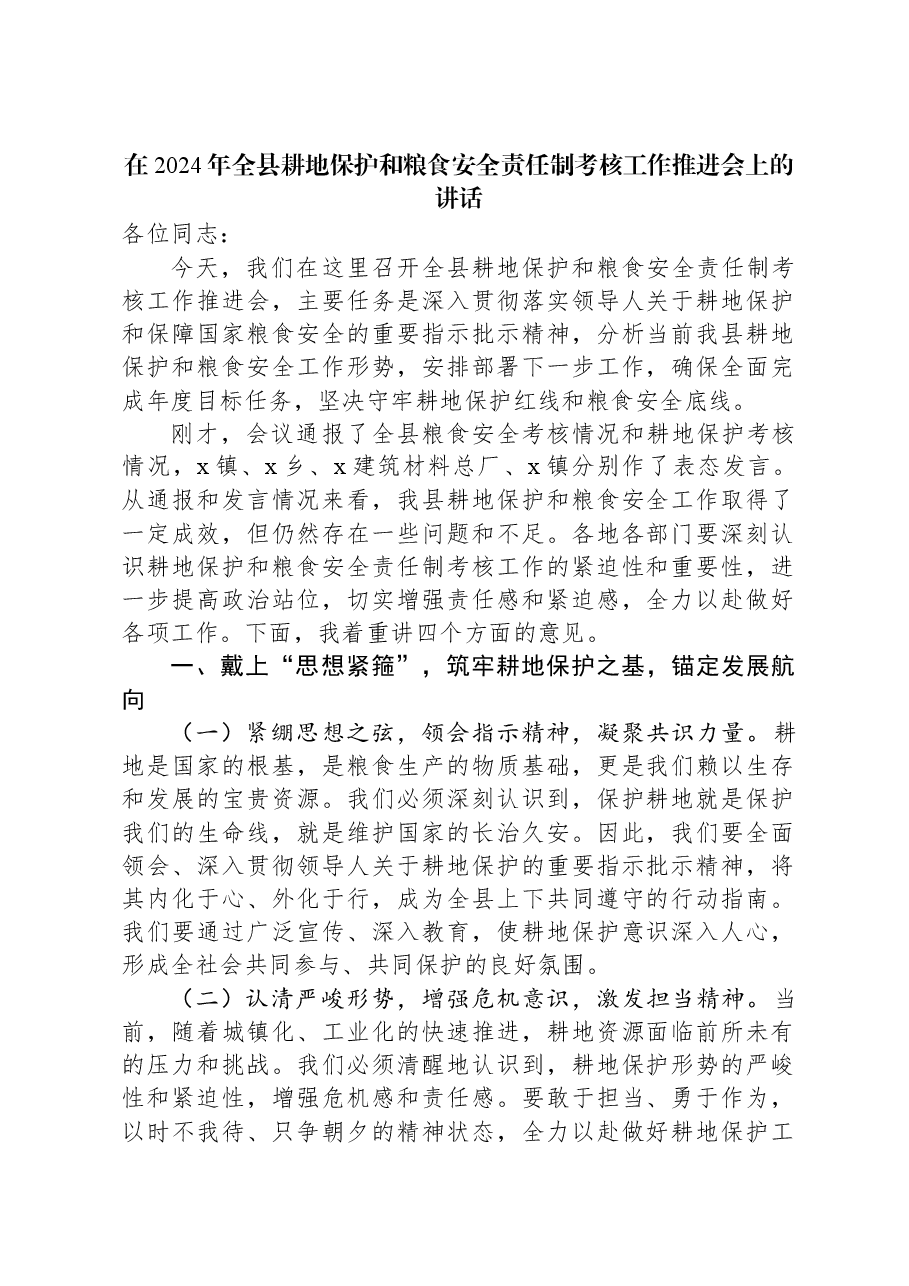 在2024年全县耕地保护和粮食安全责任制考核工作推进会上的讲话.docx,第1页预览