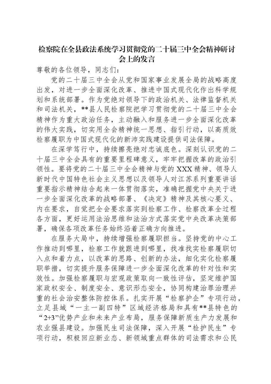 检察院在全县政法系统学习贯彻党的二十届三中全会精神研讨会上的发言.docx,第1页预览