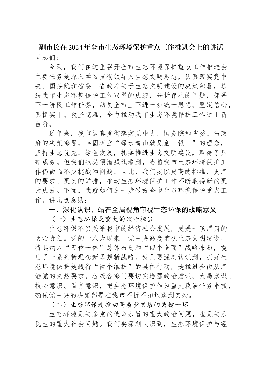 副市长在2024年全市生态环境保护重点工作推进会上的讲话.docx,第1页预览