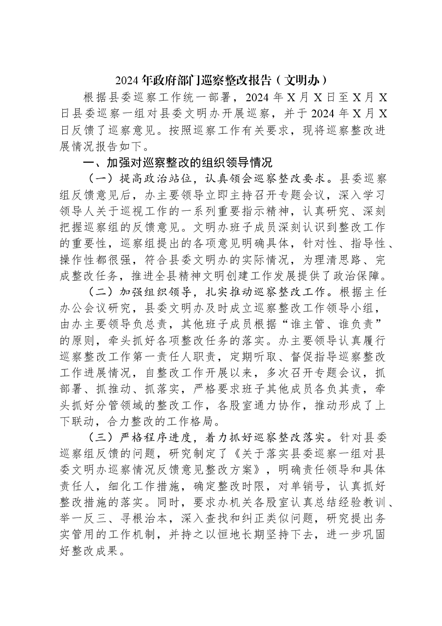 2024年政府部门巡察整改报告(文明办).docx,第1页预览