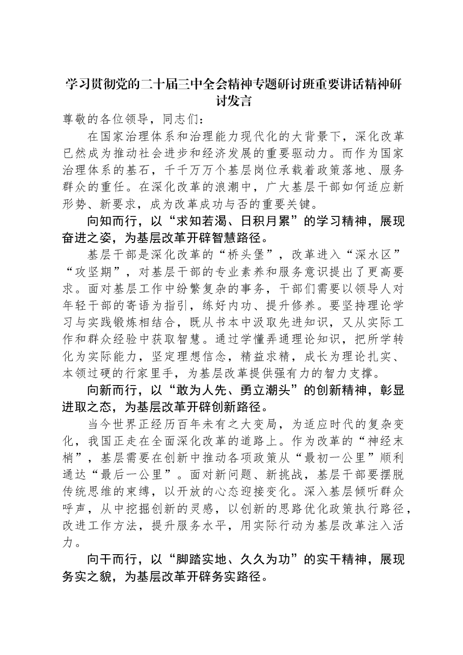 学习贯彻党的二十届三中全会精神专题研讨班重要讲话精神研讨发言.docx，第1页预览