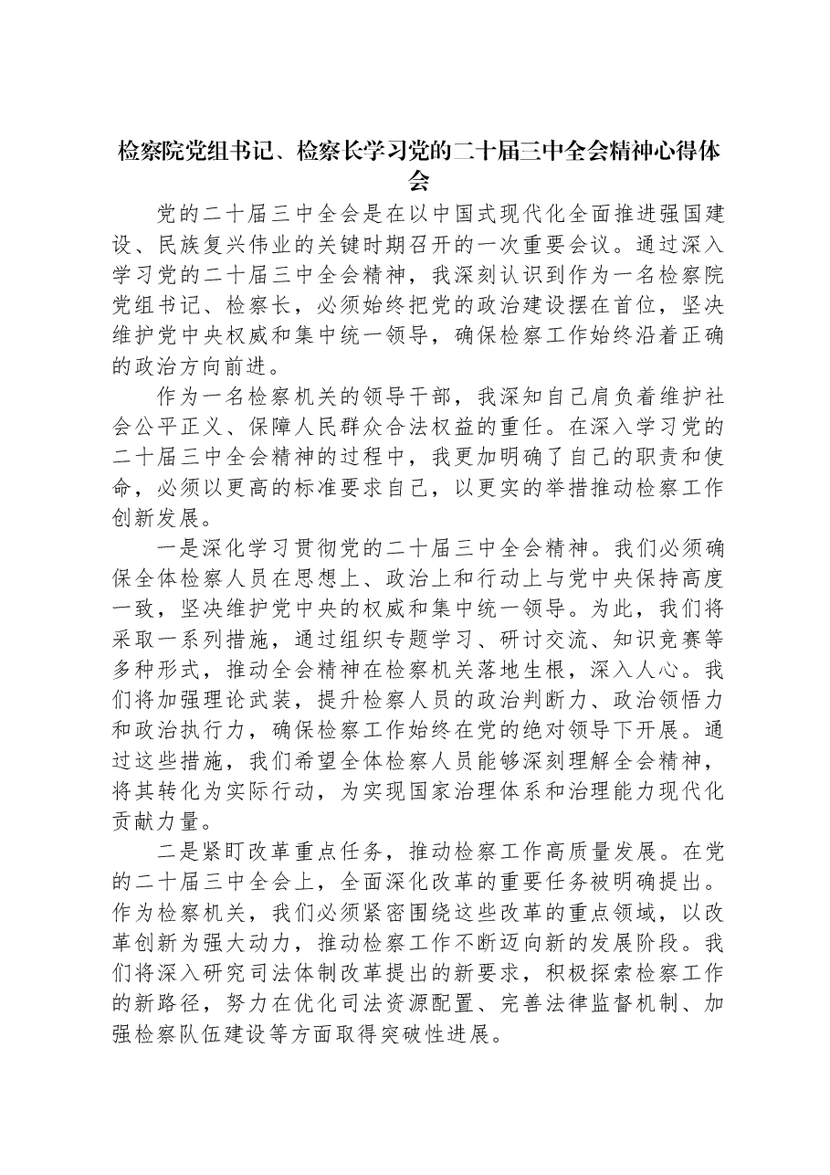 检察院党组书记、检察长学习党的二十届三中全会精神心得体会.docx,第1页预览