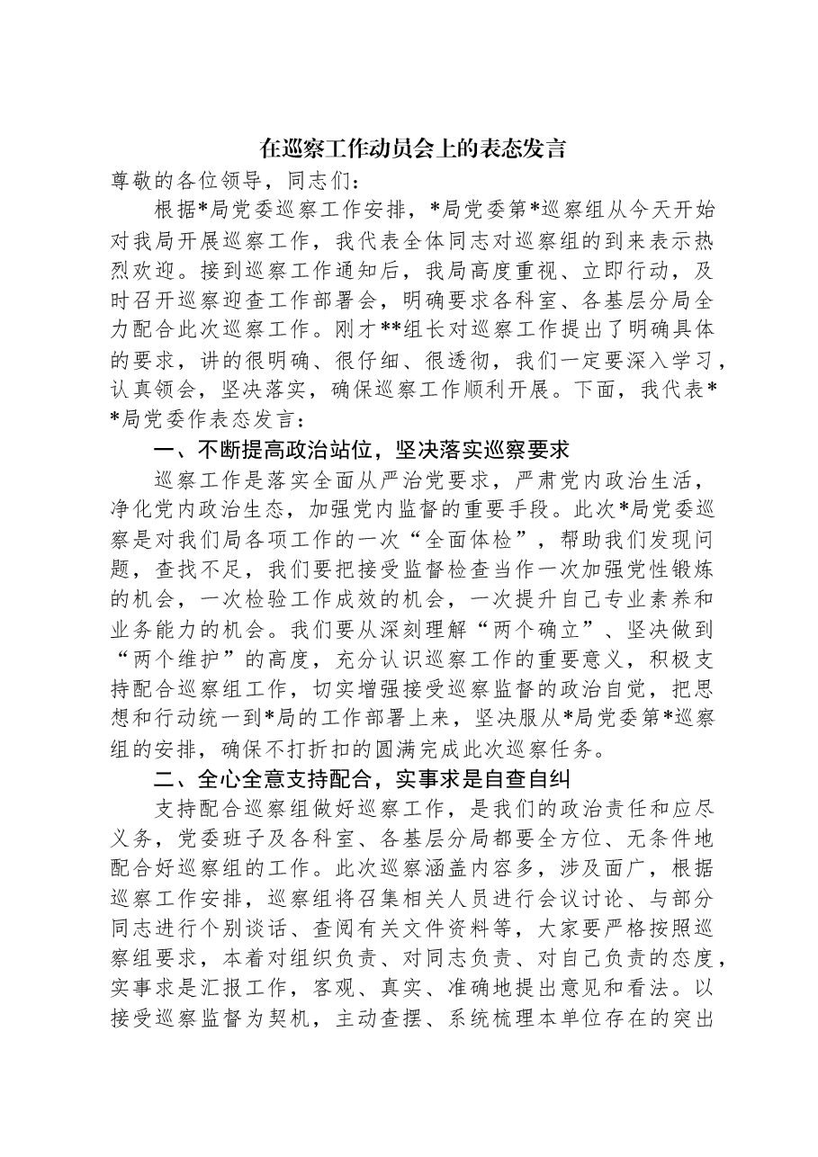 在巡察工作动员会上的表态发言.docx,第1页预览