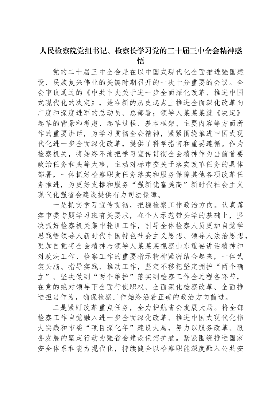 人民检察院党组书记、检察长学习党的二十届三中全会精神感悟.docx,第1页预览
