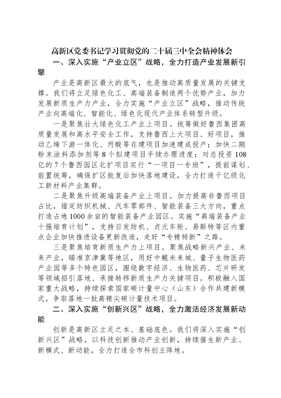 高新区党委书记学习贯彻党的二十届三中全会精神体会.docx，第1页预览
