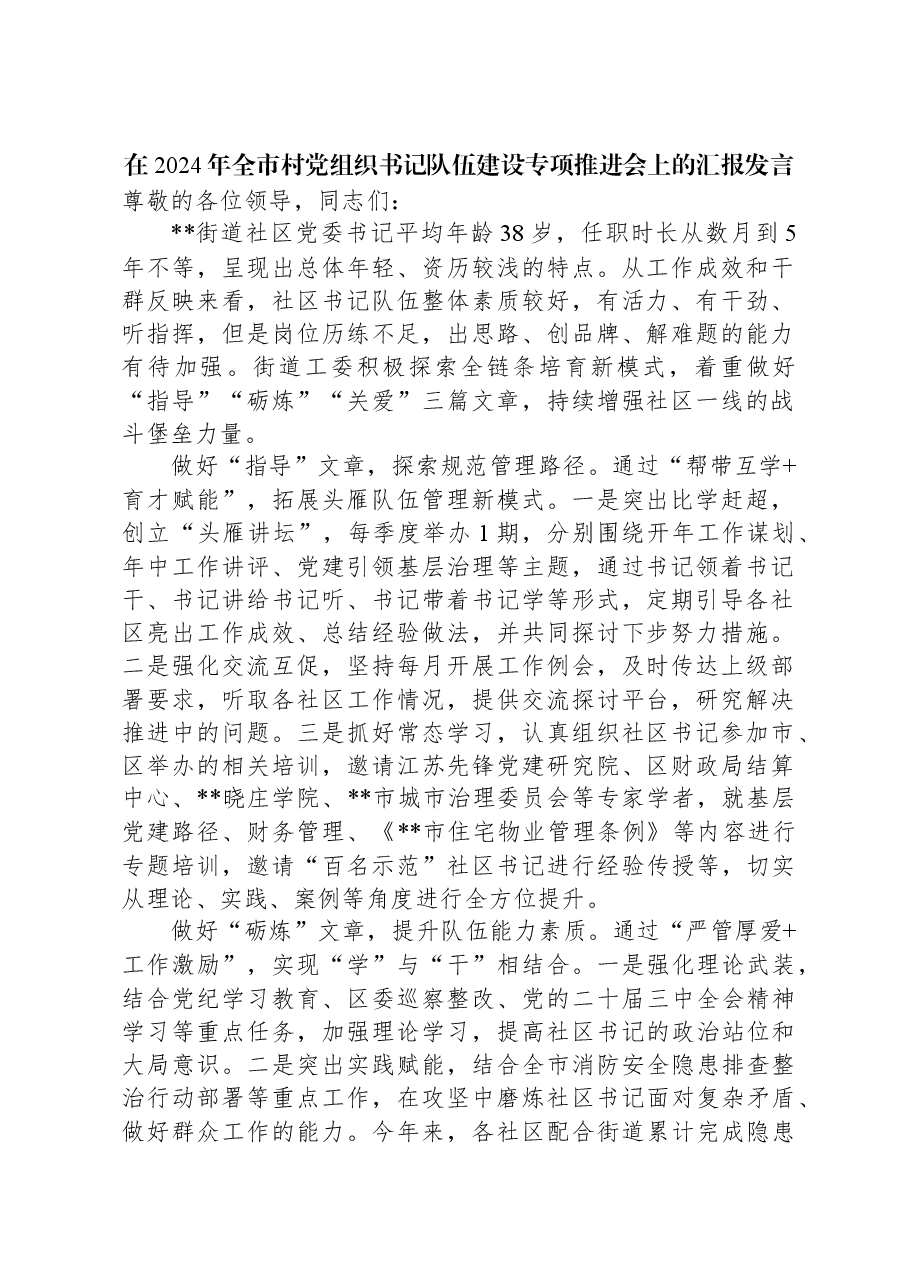 在2024年全市村党组织书记队伍建设专项推进会上的汇报发言.docx,第1页预览