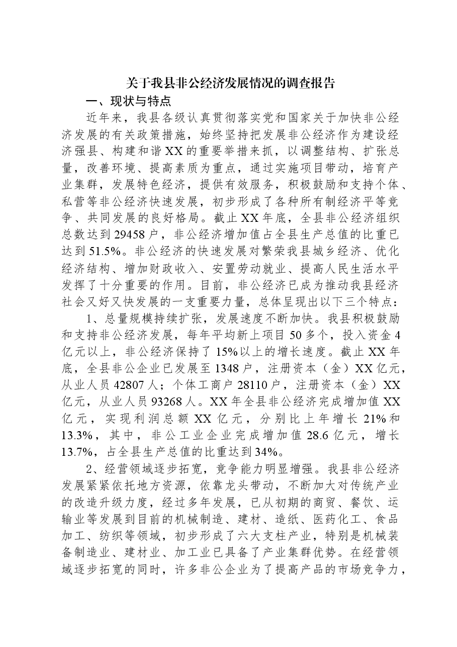 关于我县非公经济发展情况的调查报告.docx,第1页预览