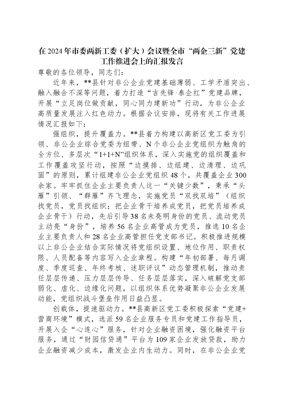 在2024年市委两新工委（扩大）会议暨全市“两企三新”党建工作推进会上的汇报发言.docx，第1页预览