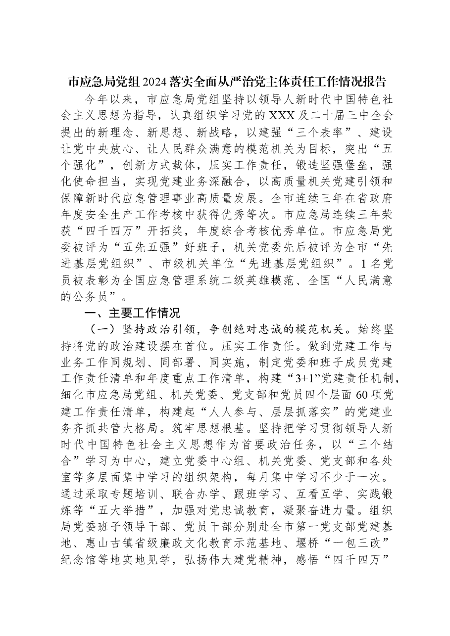 市应急局党组2024落实全面从严治党主体责任工作情况报告.docx,第1页预览