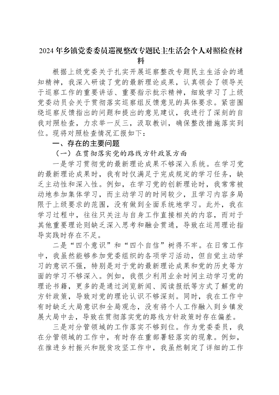 2024年乡镇党委委员巡视整改专题民主生活会个人对照检查材料.docx,第1页预览