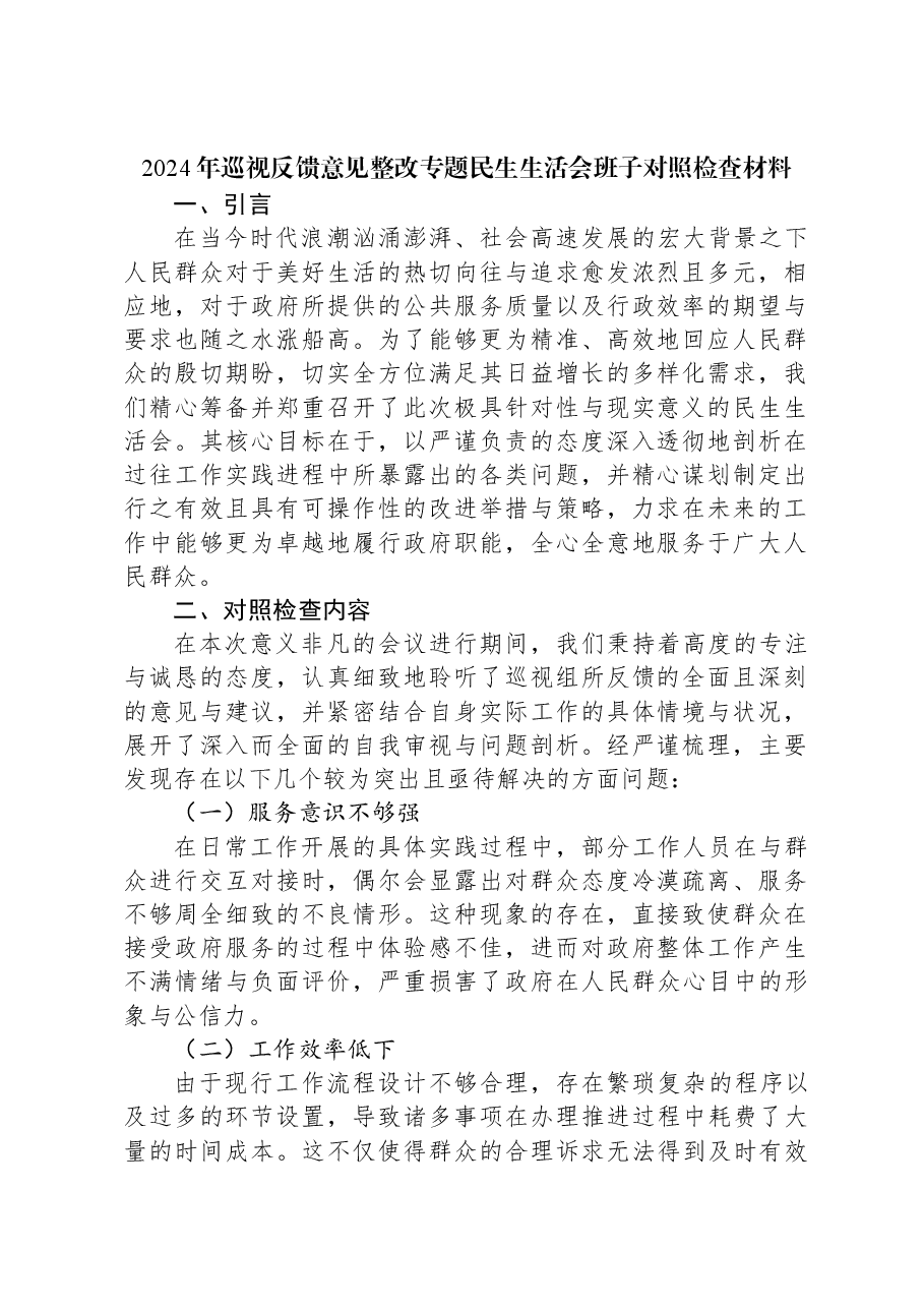 2024年巡视反馈意见整改专题民生生活会班子对照检查材料.docx,第1页预览