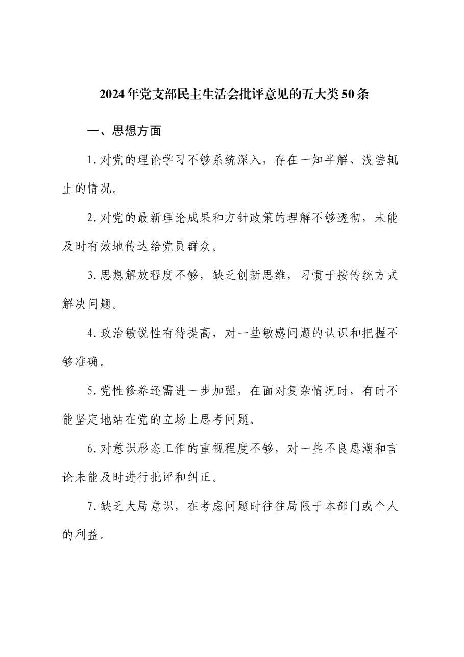 2024年党支部民主生活会批评意见的五大类50条.docx,第1页预览