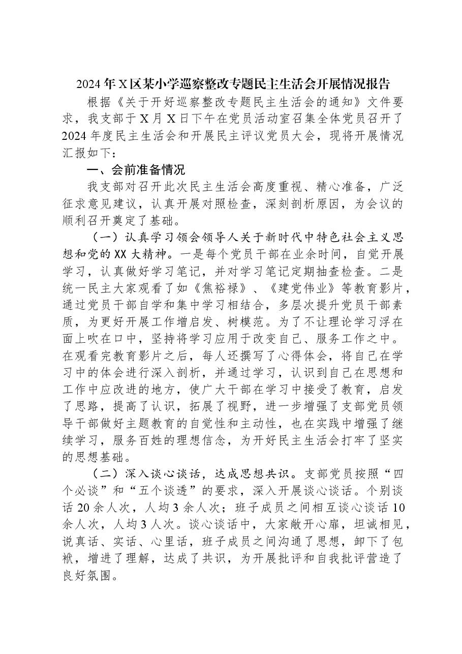 2024年X区某小学巡察整改专题民主生活会开展情况报告.docx,第1页预览