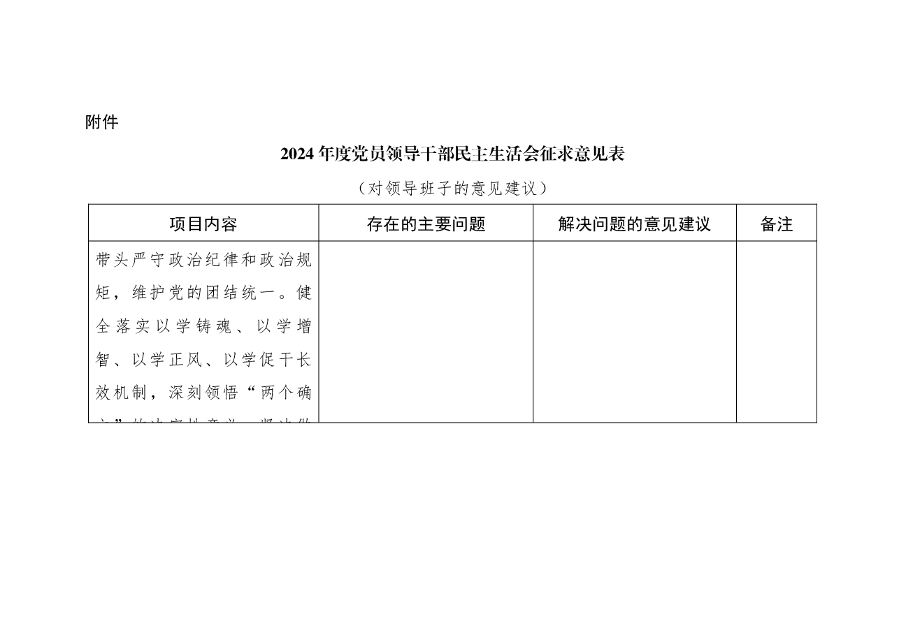 2024年度党员领导干部民主生活会征求意见表(按四个带头).docx,第1页预览