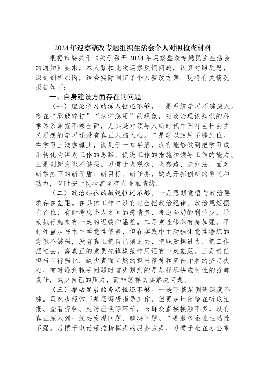 2024年巡察整改专题组织生活会个人对照检查材料.docx,第1页预览