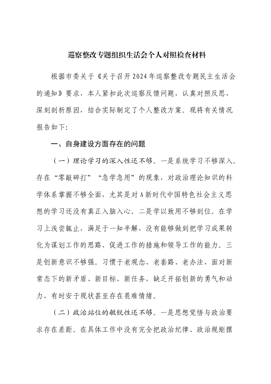 巡察整改专题组织生活会个人对照检查2.docx,第1页预览