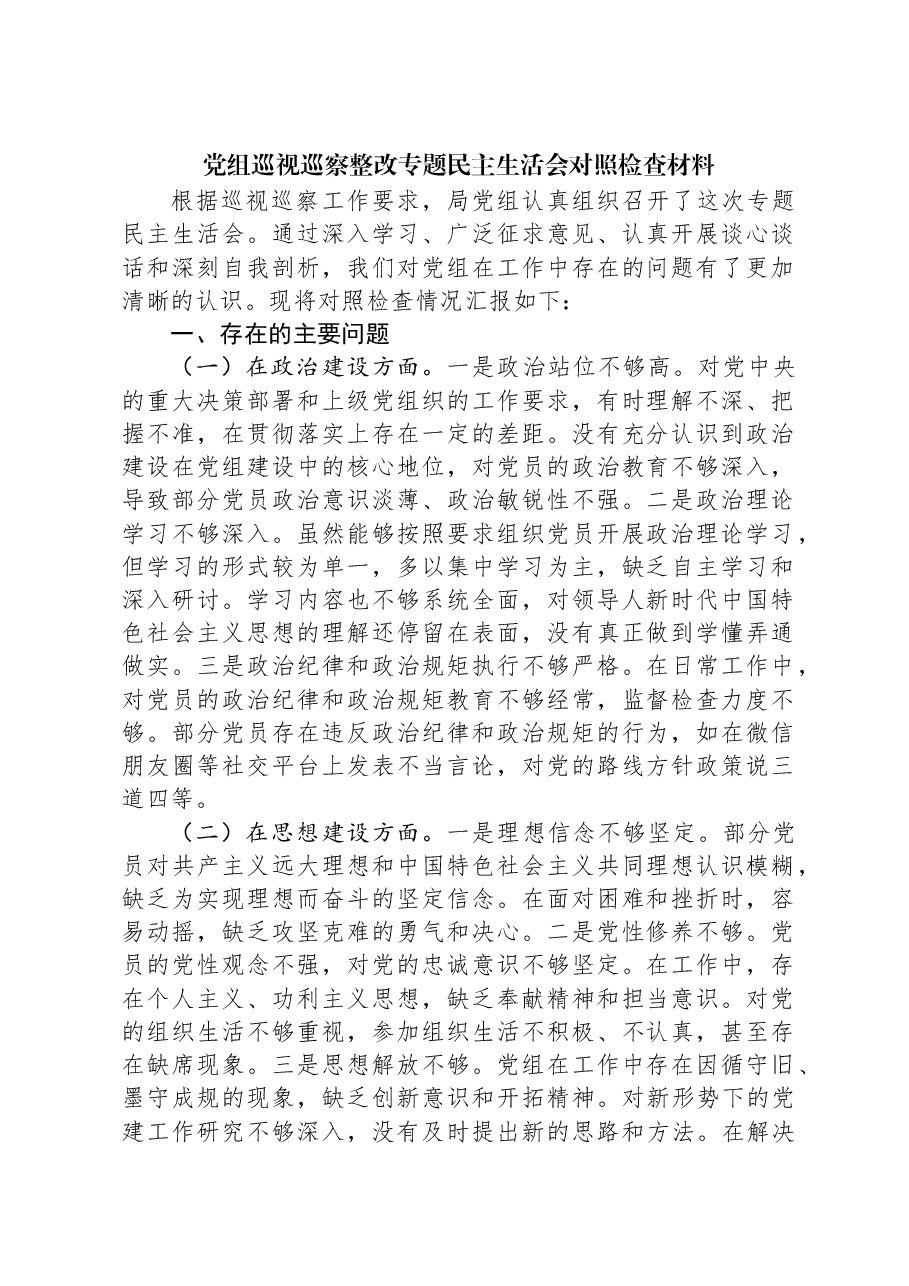 党组巡视巡察整改专题民主生活会对照检查材料.docx，第1页预览