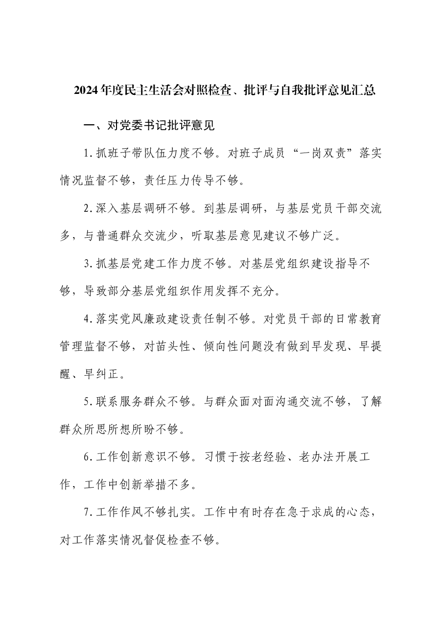 2024年度民主生活会对照检查、批评与自我批评意见汇总.docx,第1页预览