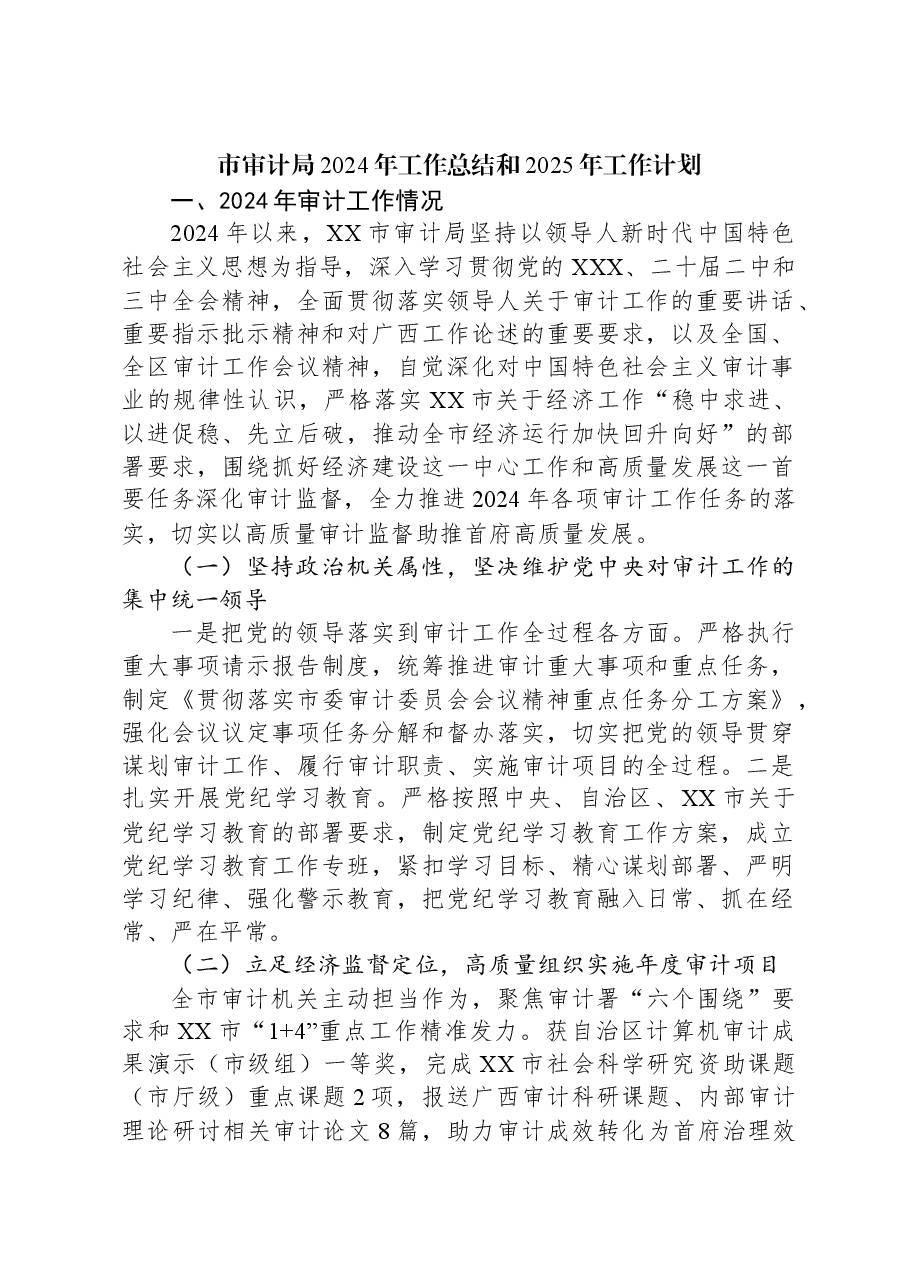 市审计局2024年工作总结和2025年工作计划.docx,第1页预览