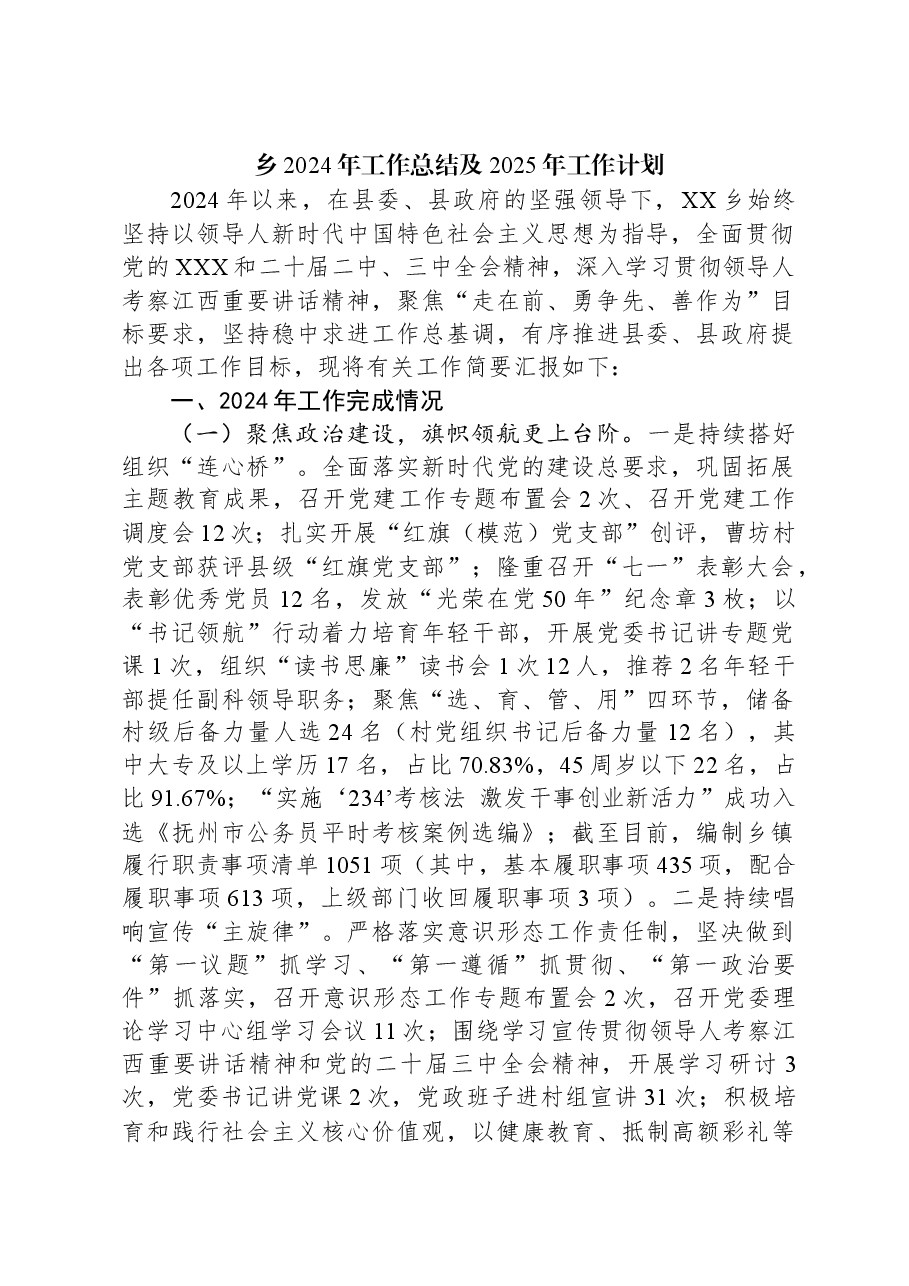 乡2024年工作总结及2025年工作计划.docx,第1页预览