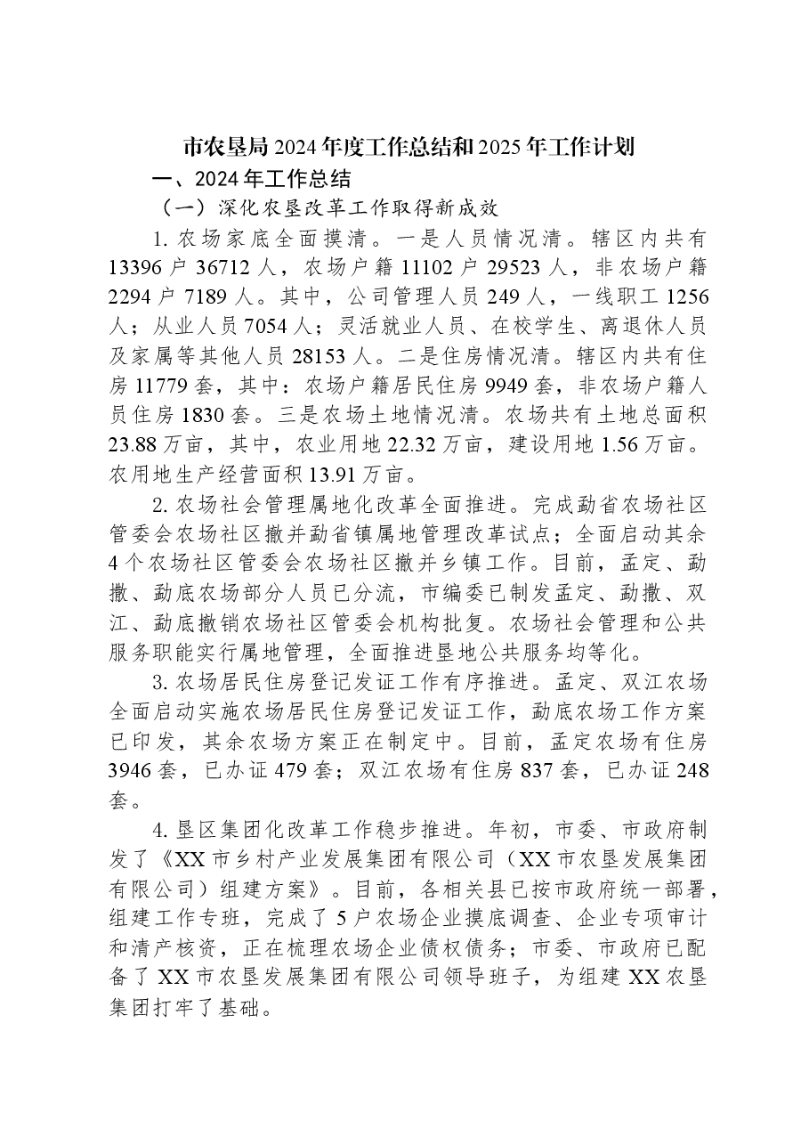 市农垦局2024年度工作总结和2025年工作计划.docx,第1页预览