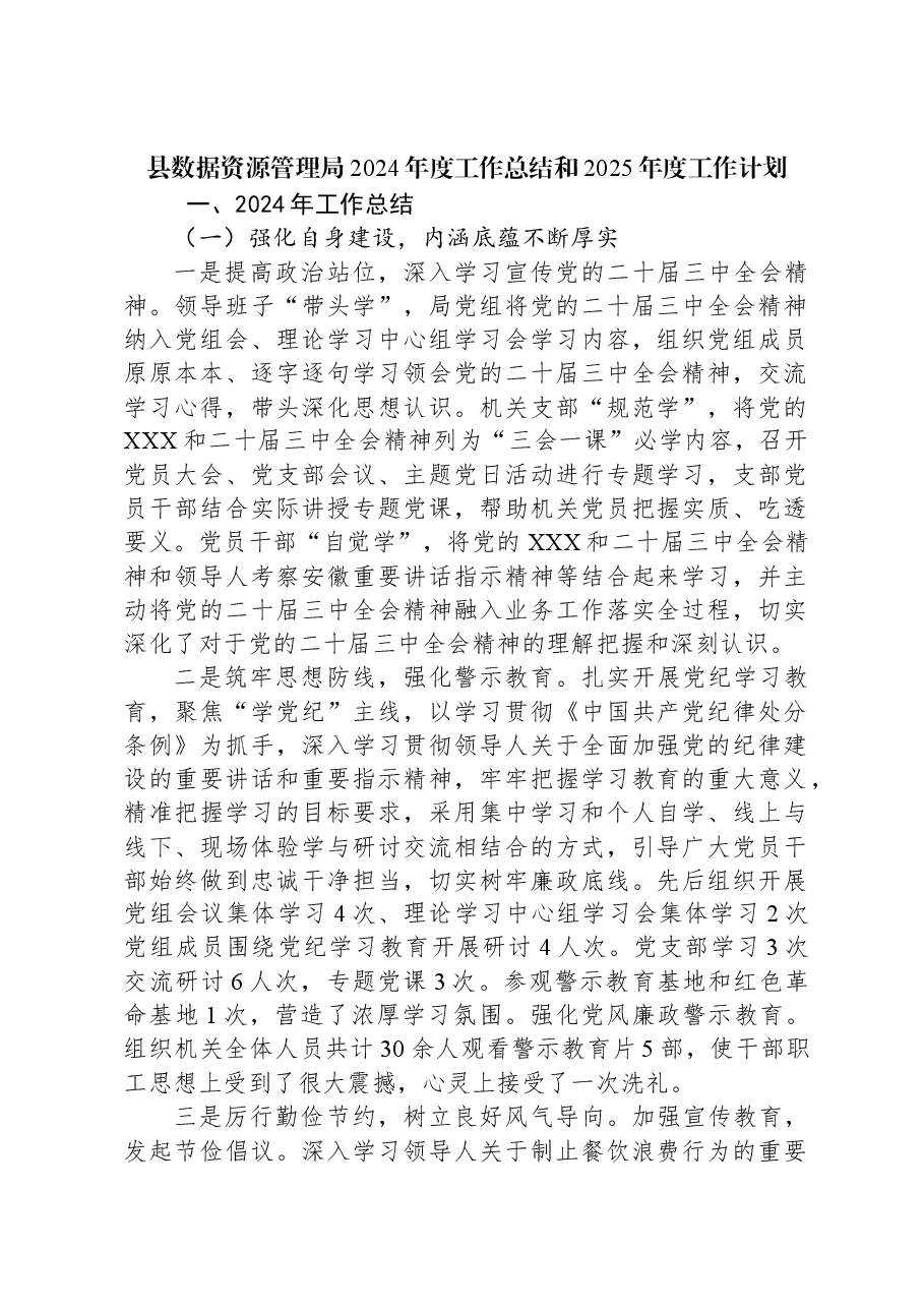 县数据资源管理局2024年度工作总结和2025年度工作计划.docx,第1页预览