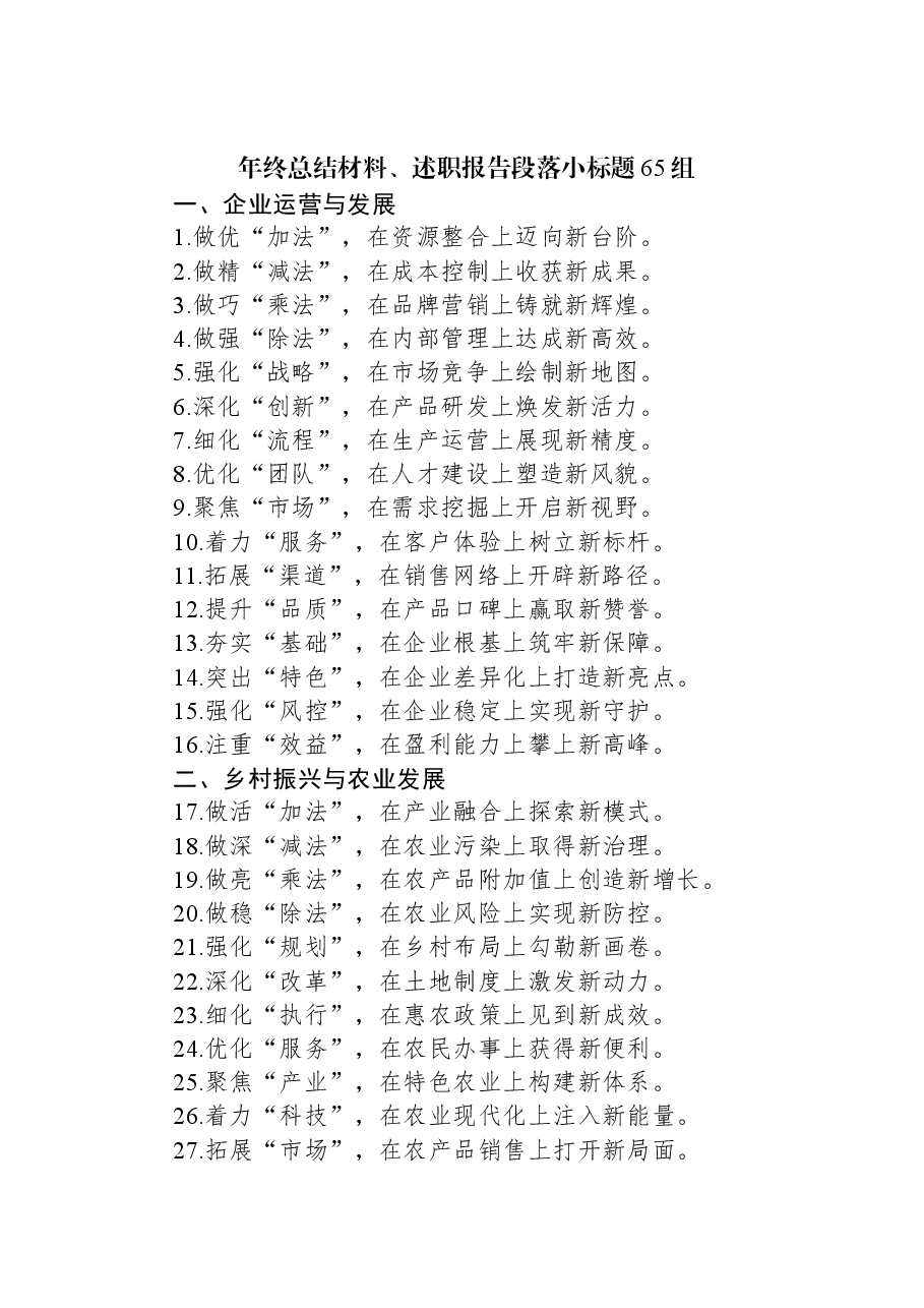年终总结材料、述职报告段落小标题65组.docx,第1页预览