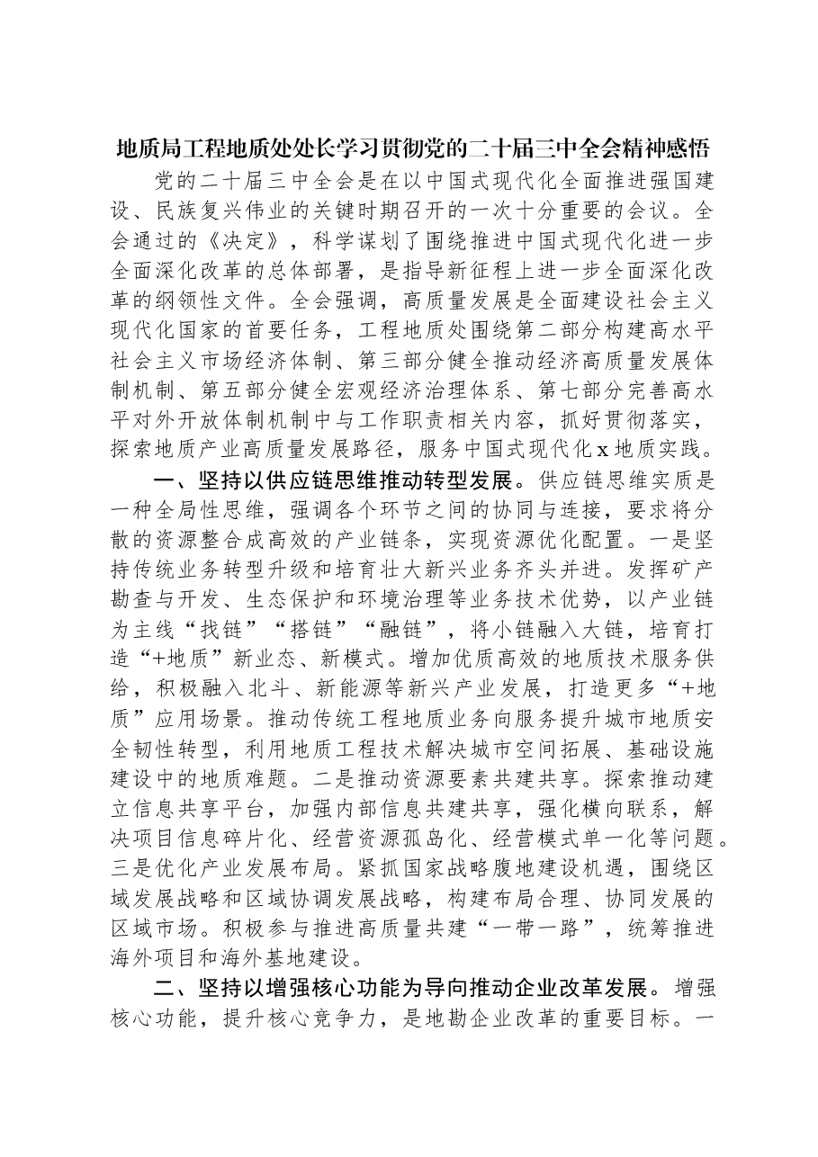 地质局工程地质处处长学习贯彻党的二十届三中全会精神感悟.docx，第1页预览