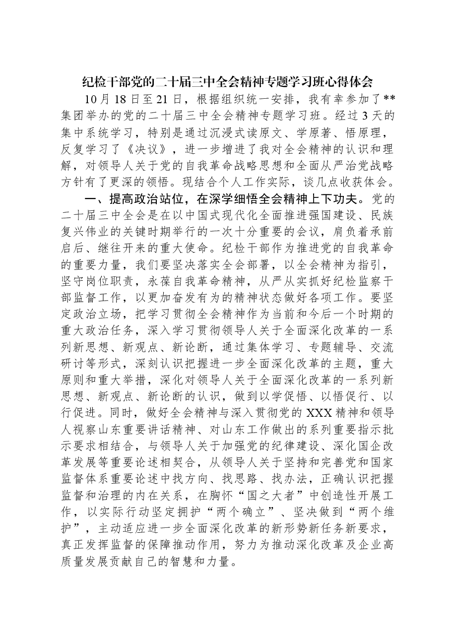 纪检干部党的二十届三中全会精神专题学习班心得体会.docx,第1页预览