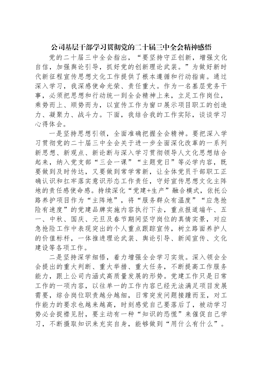 公司基层干部学习贯彻党的二十届三中全会精神感悟.docx,第1页预览