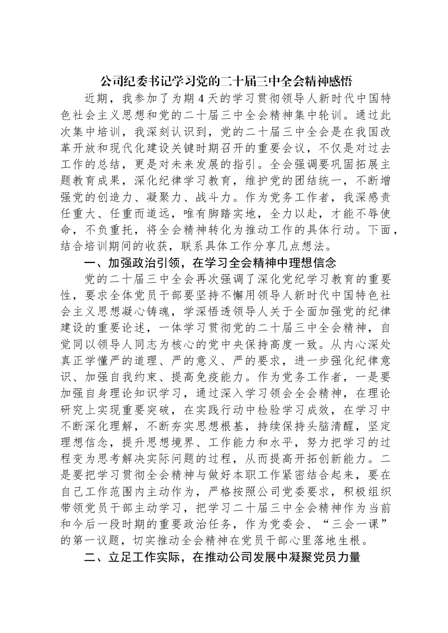 公司纪委书记学习党的二十届三中全会精神感悟.docx,第1页预览
