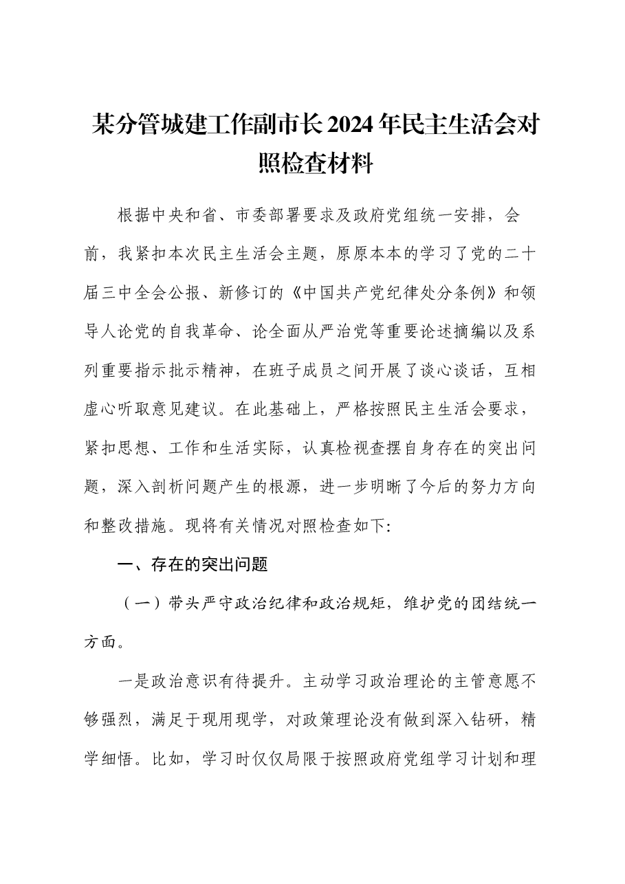 某分管城建工作副市长2024年民主生活会对照检查材料.docx,第1页预览