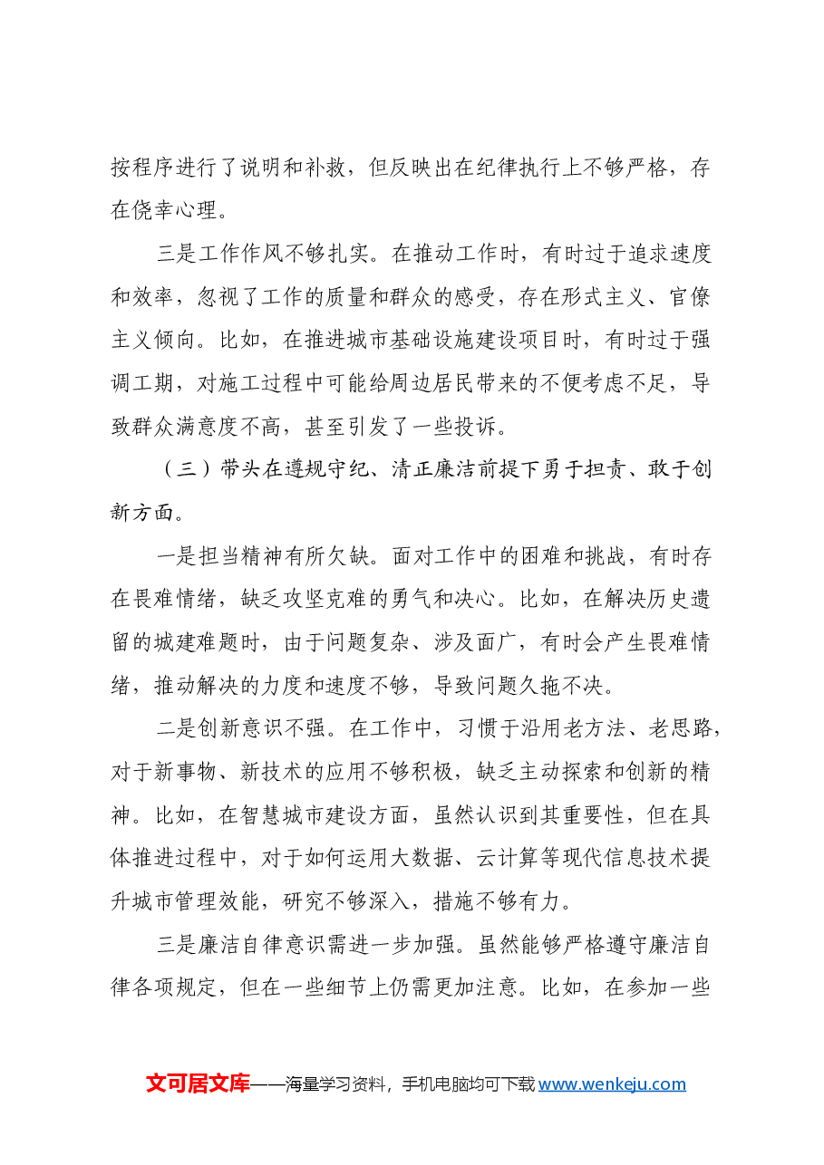 某分管城建工作副市长2024年民主生活会对照检查材料(四个带头).docx,第3页预览