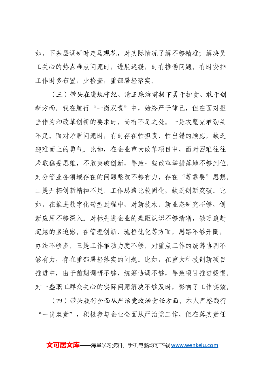 2024年度民主生活会个人对照检查材料(四个带头).docx,第3页预览