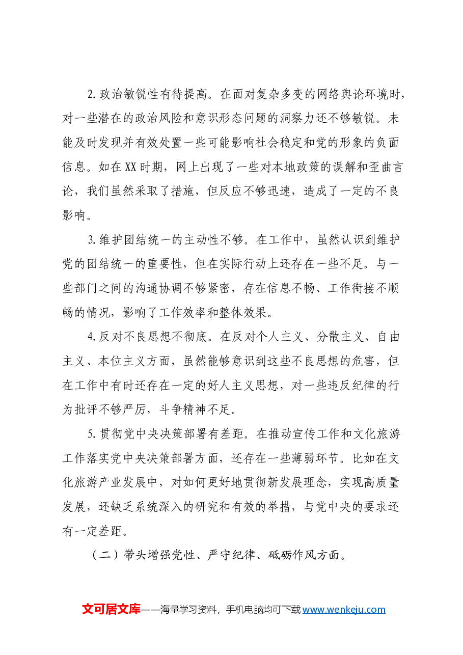 市委宣传部长关于2024年度民主生活会对照检视发言材料(四个带头+反面案例).docx,第2页预览