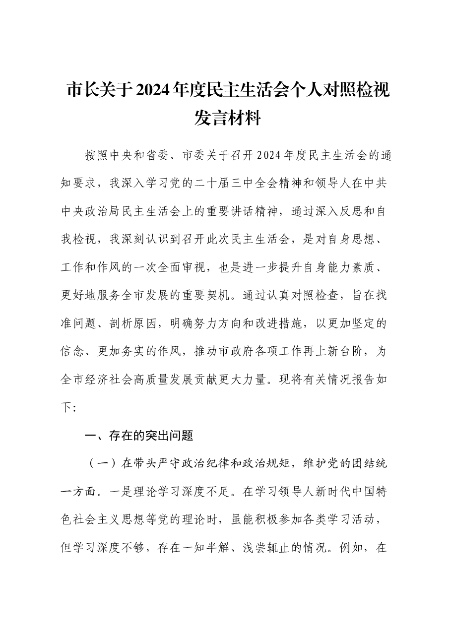 市长关于2024年度民主生活会个人对照检视发言材料.docx,第1页预览