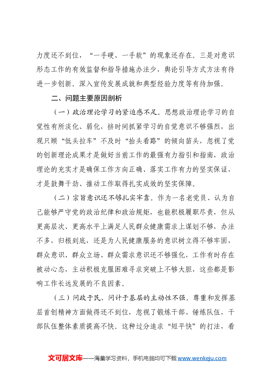 某卫生健康委党组书记、主任2024年度民主生活会对照检查材料.docx，第4页预览