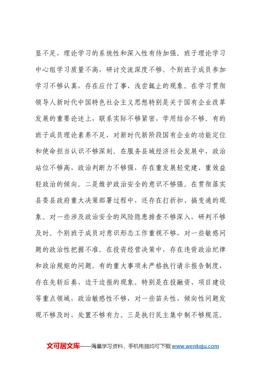 县属国企部门2024年度民主生活会领导班子对照检查材料(四个带头).docx,第4页预览